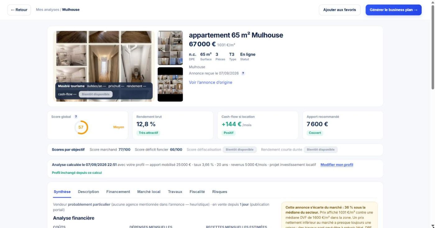 Fiche d'analyse Ptolémis de l'appartement de 65 m² à Mulhouse : score, rendement, cash-flow, apport recommandé et écart au marché
